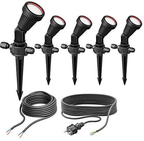 ledscom.de 5er Set Gartenstrahler mit Erdspieß PIRK für außen, IP44, schwarz, Stecker, inkl. GU10 LEDs je max. je 500lm warmweiß