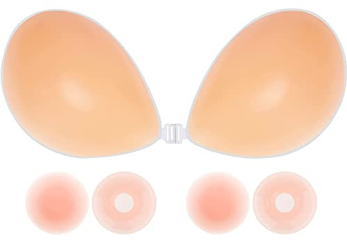 Memoryee Women's Strapless Bra Push Up Adhesive Silicone Invisible Backless Bra with 4pcs Reusable Bra Cups Nipple Covers for A-G Cup Large/#1 Beige/D
