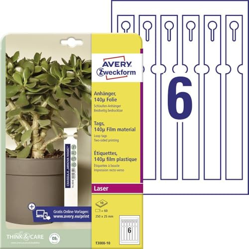 AVERY Zweckform T3008-10 wetterfeste Schlaufenanhänger 60 Stück (250x25mm auf A4, beidseitig bedruckbare Schlaufenetiketten, reißfeste Schlüsselanhänger, robuste Pflanzenbeschriftung) Folie, weiß