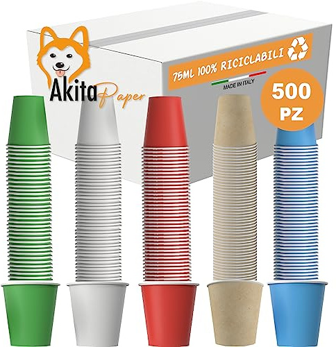 AKITAInk 500 Bicchierini monouso caffè in carta da 75ml, Bicchieri Caffe Biodegradabili da 75 ml, Ecologici di Carta Resistente a Bevande Fino ai 85°/90° - Monouso Ecologici Bio, Made in Italy (500)