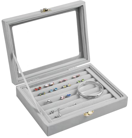 HoaaiGo Boite à Bijoux en Velours, Coffret Présentoir à Bijoux Velours pour Bagues Boucles d'oreilles Collier, Boîte de Rangement Organisateur de Bijoux avec Couvercle Vitrée pour Filles Femmes(Gris)