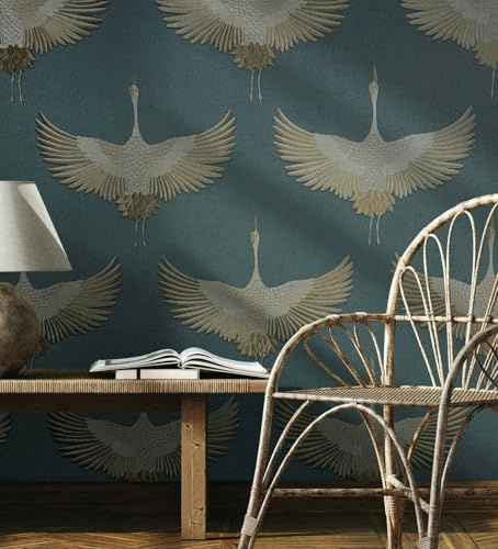marburg Vliestapete Kranich Vögel Textil Optik Blau Kupfer Metallic 34531