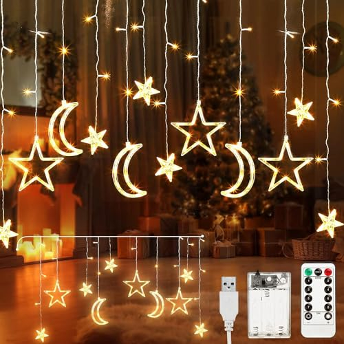 Aluusy Weihnachten Lichterkette 3,5m Sterne Mond LED Lichterketten Batterie/USB Lichtervorhang mit Timer & Fernbedienung, Lichterkette Vorhang Innen Außen Deko für Balkon, Kinderzimmer, Party, Fenster