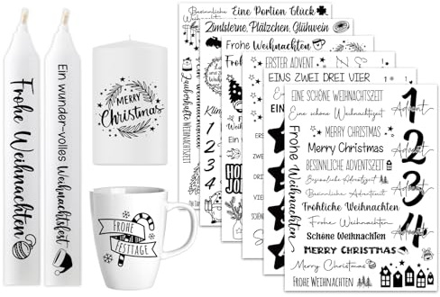 6 PCS Kerzentattoos Weihnachten, Wasserschiebefolie Kerzen Tattoo Sticker Aufkleber Weihnachten, Kerzentattoos Advent Sprüche Weihnachts Kerzenaufkleber für Adventskerzen