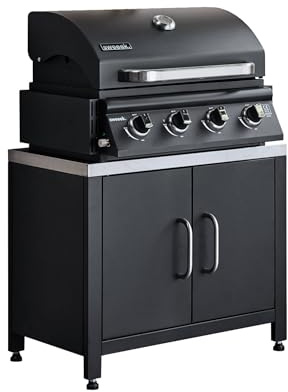 Sweeek – Barbacoa de gas con 4 quemadores para colocar con recuperador de grasa + mueble de cocina exterior de acero L80 cm