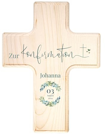 Kinderkreuz zur Konfirmation personalisiert - 19x14x1,5cm - Holzkreuz mit Namen und Datum - Konfirmationsgeschenk für Jungen und Mädchen - Geschenke für die Konfirmation - UV-Druck - Kranz blau