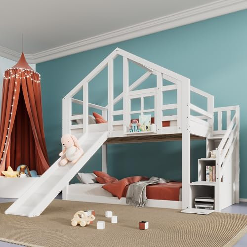 Rtopsu Etagenbett Kinderbett 90x200 cm mit Rutsche und Treppe, Hochbett Holzbett mit Stauraum Schuhregal, Bett Bettgestell mit Rausfallschutz und Lattenrost, Hausbett für Kinder, Weiß, Ohne Matratze