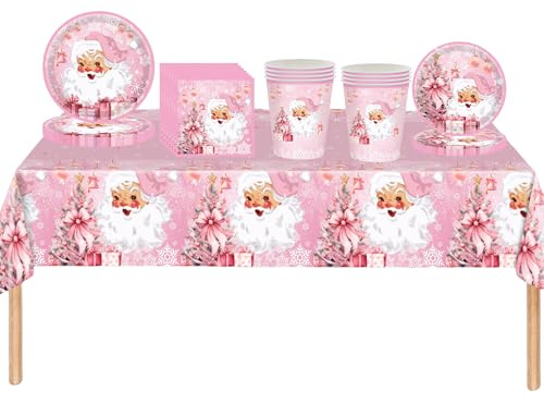 69 Pièces Vaisselle de Fête Noël,Assiettes Carton Jetable Gobelets Serviettesr en Papier et Nappe Plastique,Flocons Neige Vaisselle Jetable Recyclable Kit Rose Decoration Noël Fournitures de Fêtes