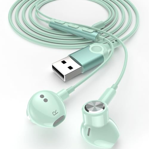 USB Earphone for PC, ACAGET USB Headphones Headset with Microphone, Anti-slip Earbud Cover with Earhook, 7.5 Ft, Wired In-ear Computer Earphones for Dell Laptop for hp for Work Women Girls, Mint Green
