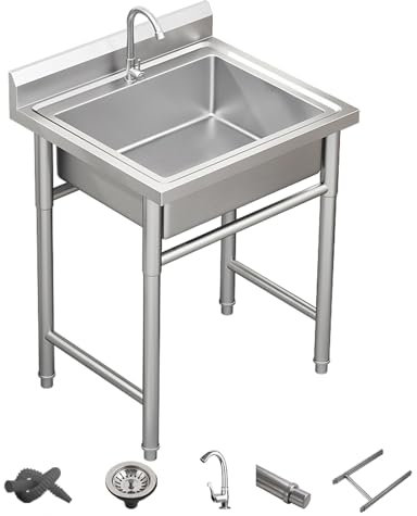 Freistehende Edelstahl Spültisch 1 Becken, Gewerbliche Spülbecken Mit Wasserhahn Mit Kalt Und Warmwasserschläuchen, Ablassvorrichtung, Für Außen, Innen, Küche, Restaurant, Bar(50x50x80cm/19.6x19.6x31.
