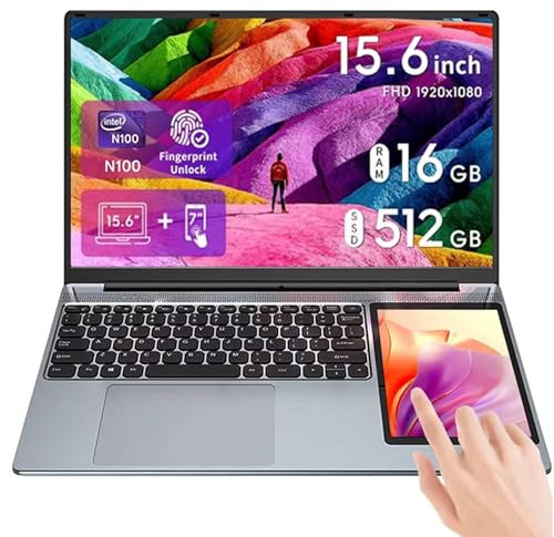 MeekRhynche Dual Screen Laptop N100, 15.6 FHD IPS + 7 Touch, 8GB DDR4, 128GB SSD, Windows 11 Pro, RGB Backlit, Fingerprint Unlock, Portable Mini PC for Work & Gaming