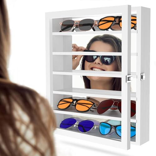 Alyoen Sonnenbrillen Aufbewahrung mit Spiegel, 33 x 39.6 cm Sonnenbrillen Organizer Wandmontage mit Transparenter Deckel, Große Brillen Aufbewahrungsbox mit 6 Abnehmbaren Regalen, Weiß