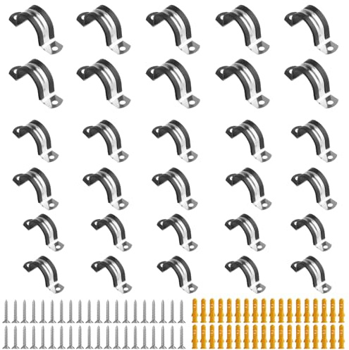 HexinYigjly Stainless Steel Rubber Lined P Clips Assorted, 30 Pcs 20-30mm Hose Pipe Clamps, Pipe Strap Clamps,Hose Conduit Clips,Rubber-Lined P-Clips Metal Wire Cable clamp for Cable,Cord,Wire, Tube