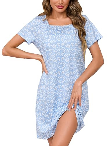 Litherday Camisón Mujer Manga Corta Camisones de Mujer Algodón Camisón De Encaje Ropa de Dormir Vestido Mujer Suelto Cómodo S-XXL