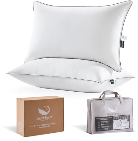 Swandream Goose Feather and Down Bed Pillows Standard Size Set of 2, Luxury 3-Chamber Pillows with Soft & Down-Proof Cover, Fluffy Plush Hotel Pillows for Side, Back & Stomach Sleepers