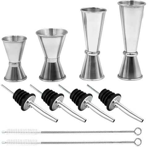 4 PCS Doseur Jigger Cocktail 30/40/50/60ml Doseur à Alcool en Acier Double Inoxydable Tasse à Mesurer Doseur Alcool avec 4 becs verseurs et 2 brosses, pour Bar Maisons Fête Gin Shaker (Style B)