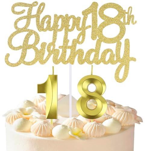 Happy 18th Birthday Cake Topper + 18 th Birthday Candles, 18 Cake Topper Number 18 Candles for Cake, 18th Birthday Cake Decorations for Party (18)