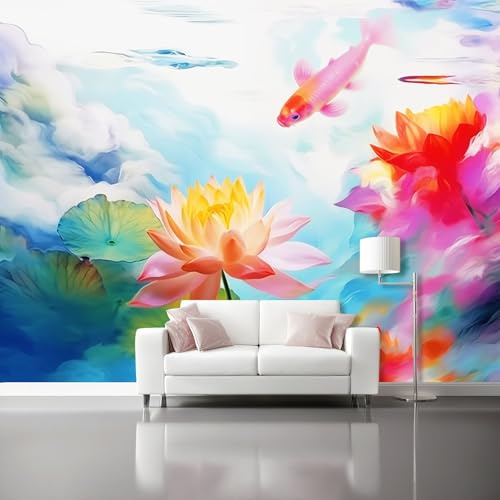 Generico Carta Da Parati Temi Acquerello - 350 x 256 cm 3D Effetto Carta Da Parati Non Tessuto Decorazioni Per Soggiorno Camera Da Letto, Loto Pesce Rosso Fiume Motivo Murales