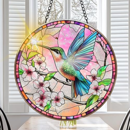 VAIIEYO Kolibri solfångare målat glas fönster hängande prydnad, handgjord solfångare djurdekoration med krokar för fönster trädgård hem, jul och födelsedag inflyttningspresent (20 cm)