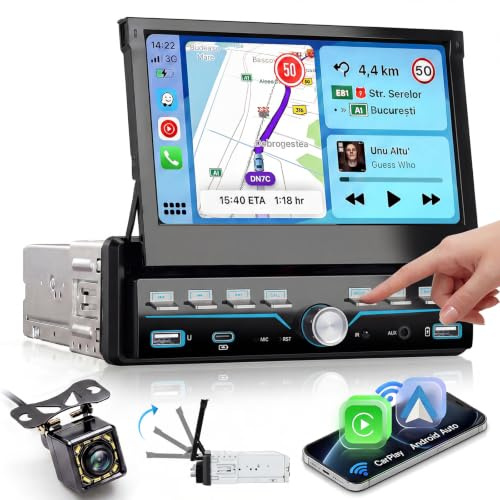 VECHTEL Autoradio 1 Din Carplay Android Auto Wireless mit 7 Zoll Manuell ausziehbarer Bildschirm mit Klaviertasten,Radio FM mit Bluetooth GPS/NAV,2USB/Type-C mit Rückfahrkamera,Lenkradsteuerung