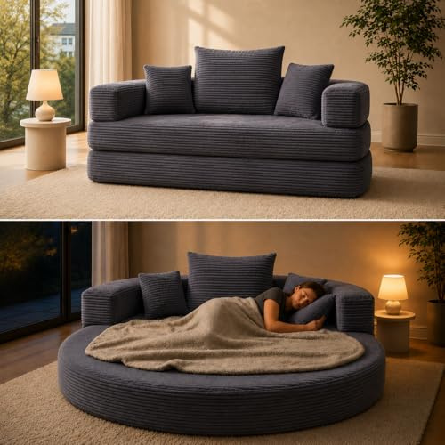 2-in-1 Schlafsofa Rundliege, klappbares Boneless-Sofabett aus Cord-Stoff, ovales Sofa Bett 173 x 176 cm, multifunktionale Schlafcouch mit 3 Kissen für Wohnzimmer, Gästezimmer, Apartment(Schwarz)