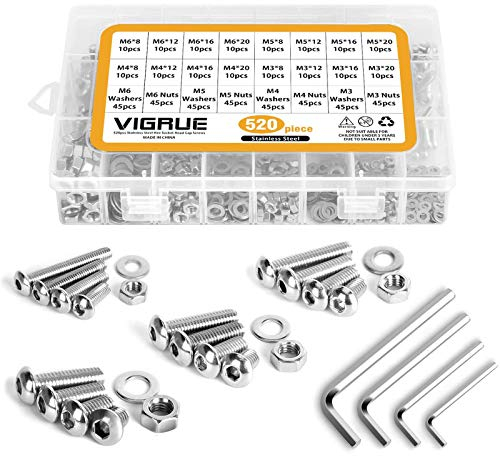 VIGRUE 520PCS M3 M4 M5 M6 A2-70 Edelstahl-Sechskopf-Knopf Schrauben Edelstahlschrauben Innensechskant Maschinenschrauben Schraube Muttern und Unterlegscheiben Sortiment Kit mit Aufbewahrungsbox
