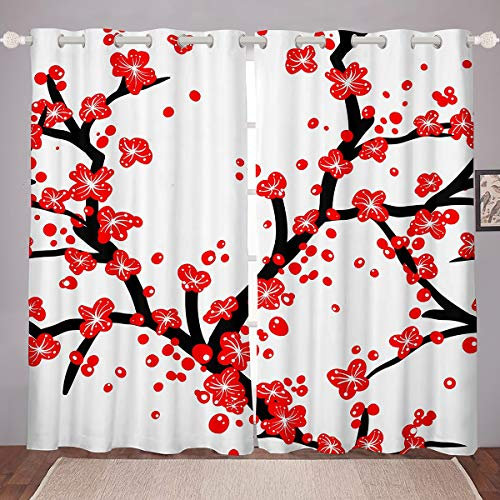 Loussiesd Women Red Floral Blackout Drapes Girls Plum Blossom Flowers Curtains for Kids Adults Winter Tree Branches Decor Window Curtain Panels Chinese Style Botanical Window Treatments W66*L90