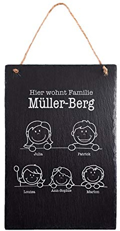 Casa Vivente Große Schiefertafel mit Juteband, Personalisierte Gravur mit Namen, Hier wohnt Familie, 30 x 20 cm
