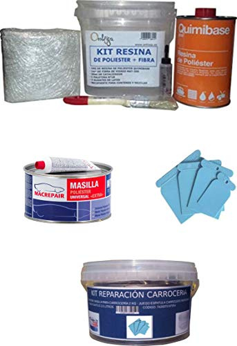 Kit de Resina de Poliéster Quimibase + Fibra De Vidrio (Mas macrepair masilla universal 2kg + Cubo + Juego espatula carrocero Plastico)