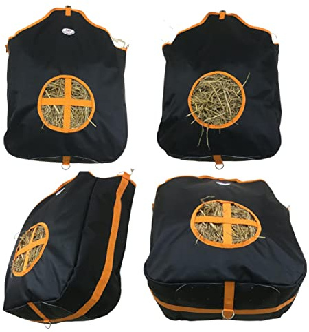 Majestic Ally Nylon Hay Feeder Tote Bag for Horse, Goat, Sheep - Double Sides Open Feed Hole with Faux Leather Ventilated Bottom- Premium Quality -Simulates Grazing - Reduces Waste (Black)