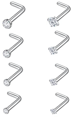 Lucktree 8PCS Nose Studs, Surgical Steel Nose Stud 20 Gauge, Nose Piercing Jewelry, L Shaped Nose Stud Set, Body Jewelry for Women Men, Silver, CZ Diamond 1.5mm 2mm 2.5mm 3mm