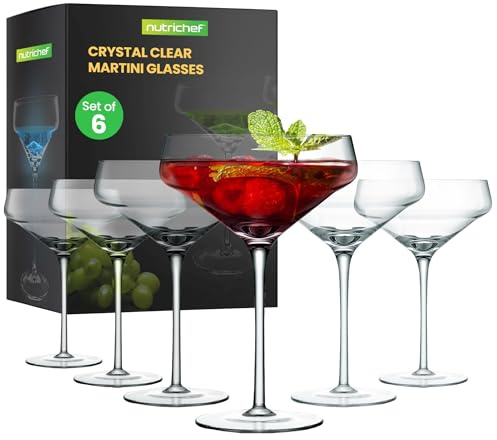 NutriChefKitchen 6 Sets of Crystal Martini Glass, Ultra Clear, Elegant Wine Glass, 100% Hand Blown, Dishwasher safe, Classy and Reusable Packaging (NCGLMT68)