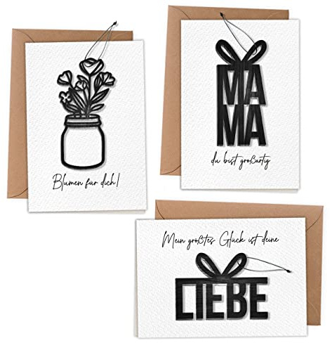 Papierdrachen Klappkarten mit Holzcutouts in DIN A6 zum Muttertag - mit 3 schwarzen Holzanhängern und 3 Packpapier Umschlägen - zum Beschriften und Verschenken - Muttertagsgeschenk
