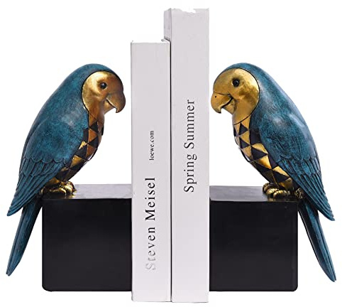 Kakizzy Papageien-Buchstützen, dekorative Vintage-Buchstützen, moderne Buchstützen, Kunstharz, Buchstützen, rutschfest, Retro-Buchstütze, für Bücher, Buchstützen für Kinderzimmer, Blau und Gold