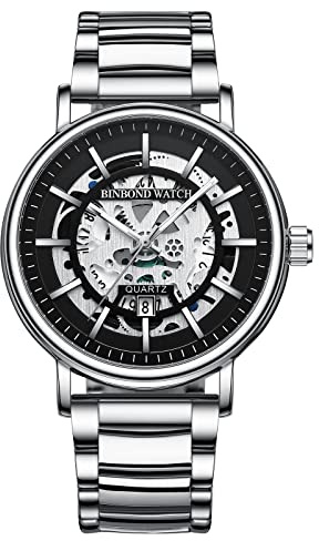 Avaner armbandsur herrklocka med mekanisk urtavla kalender vattentät klocka herrklockor rostfritt stål klocka analog kvartsklocka för män, silver, Armband