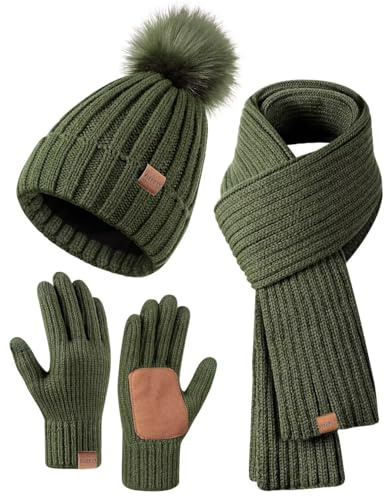 Winter-Set für Damen mit Mütze, Schal und Handschuhen, Mütze mit Bommel, langer Schal, Touchscreen-Handschuhe, 3-in-1-Set, Grün, Einheitsgröße