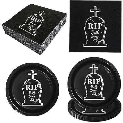 YYMYMGJ Death to My 20s Party Decorations Supplies 30th Birthday Rip to My 20s Birthday Party Tableware Set Dessert Plates Napkins Forks for 24 Guests My Youth Funny Thirtieth Birthday Party
