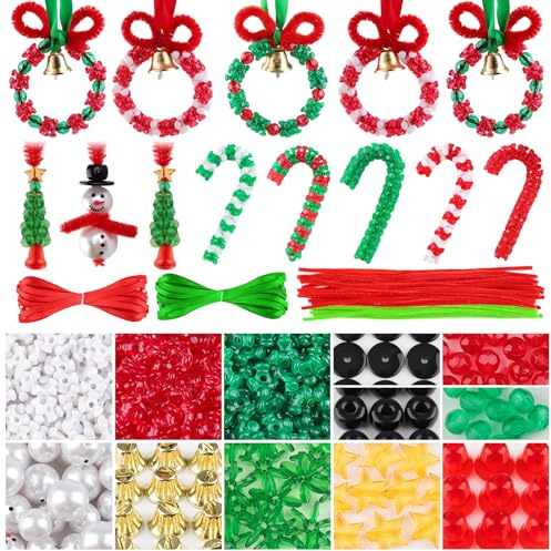 Kalolary Christmas Beaded Ornament Kit Craft Wreath Candy Cane Bell | Christmas Triangle Windmill Snowman DIY Beads Chenille Stems and Ribbons for Christmas Tree Hanging Decoration Holiday Party