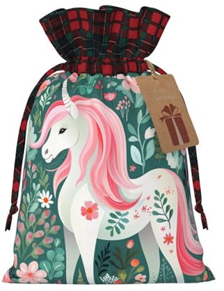 Trukd Weihnachts-Geschenktüten aus Sackleinen mit Kordelzug Goody Geschenk Süßigkeiten Verpackungstaschen Urlaub Party Favors Einhorn mit rosa Haartaschen