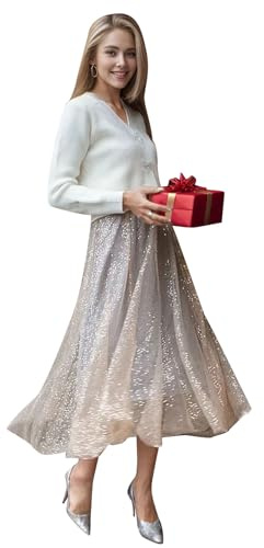 CHICWISH Women Tulle Mesh Sequin Skirts Elastic Waist Pleated Midi Skirt Sparkle Layered Flowy Fairy Tutu Skirts Yellow