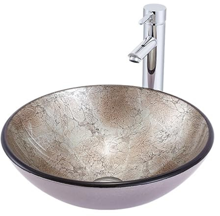 Waschbecken, 41,9 cm, gehärtetes Glas, künstlerisches Waschbecken, braune runde Aufsatzwaschbecken mit Chrom-Wasserhahn und Pop-Up-Ablaufgarnitur