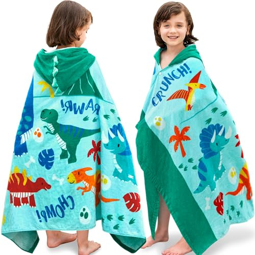 Joiedomi Dinosaur Hooded Towels for Kids Soft 100% Cotton Kids Beach Towel 30 x 50 for 3-10 Years Boy Girl Beach Hooded Poncho Absorbent Pool Toddler Swim Bath Wrap