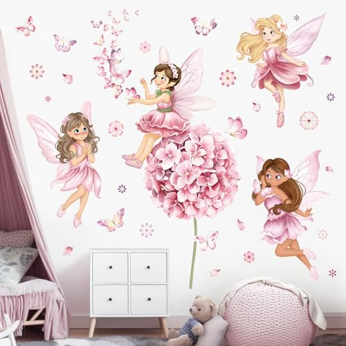 decalmile Fairy Girl med blomma väggdekaler stor rosa maskros blommig fjäril alver väggklistermärken flickor sovrum barnkammare barnrum väggdekor