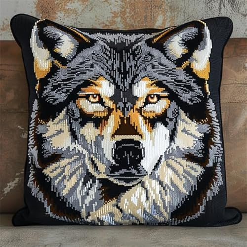 Kitquiver Knüpfkissen Set Wolf Knüpfset für Erwachsene (43X43cm) DIY Knüpfen Set Kissen Bastelset Knüpfen Handwerksset Kissen DIY Bastelset für Anfänger für die Sofa-Heimdekoration
