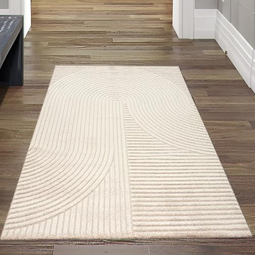 Teppich-Traum Teppich Hoch-Tief Linien- und Bogenmuster Beige 80x150 cm | Hell, wohnlich, weich, strapazierfähig, pflegeleicht, Wohnzimmer, Schlafzimmer, Gästezimmer