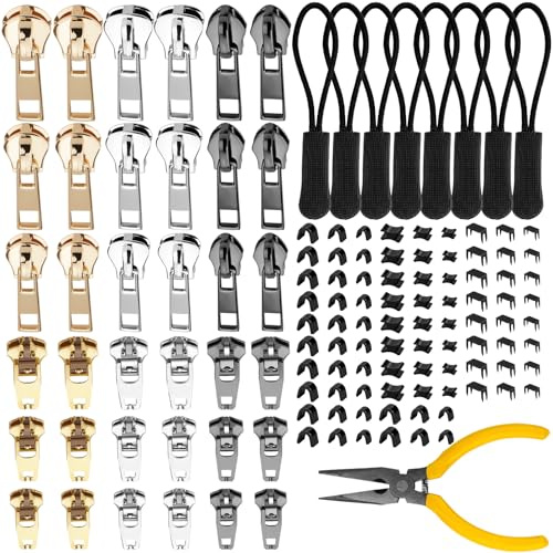 rietegio130Pcs Zipper Repair Kit Universal Replacement Accessories Zip Pliers and Extension Pulls Metal Replacement Zip for Repair Jeans Coats Jacket Zipper(4Sizes:#3/4/5/8)