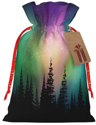 Kuilepa Leinen-Jutebeutel mit Nordlichter-Druck, mit Geschenkanhängern, Geschenktüten, Hochzeitsfeier, Weihnachten, Geburtstag, Geschenke für Party, Heimbedarf