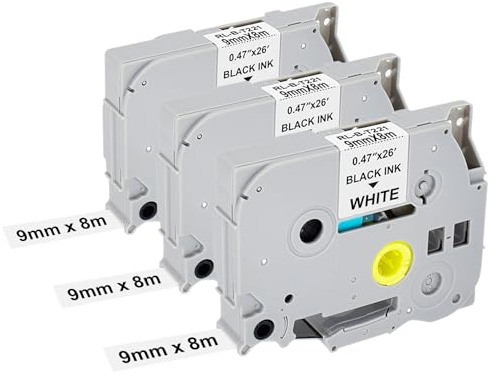 3X Kompatibel mit Brother P-touch Bänder 9mm Weiß Tze 221 TZe-221 9mm x 8m, Kompatibel für Brother P touch Schriftband TZ Tape 9mm 0.35 TZe221 für Ptouch H105 H100LB H107B 900 1000 1280