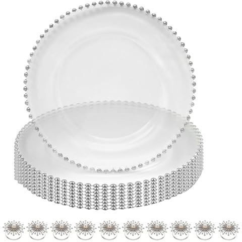 Clear Acrylic Charger Plate Set with Silver Beaded Rim & Pearl Diamante Napkin Rings – Elegant Table Dining Decor for Weddings, Dinner, Party, Banquets & Special Events - 24 Pieces