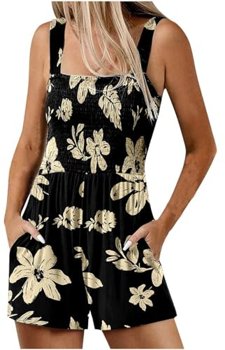 Mrat Women's Summer Casual Jumpsuits Smocked Rompers Floral Print Playsuit Square Neck Sleeveless Boho Dungarees Adjustable Shoulder Straps Lightweight Overalls Loose Fit Jumpsuit